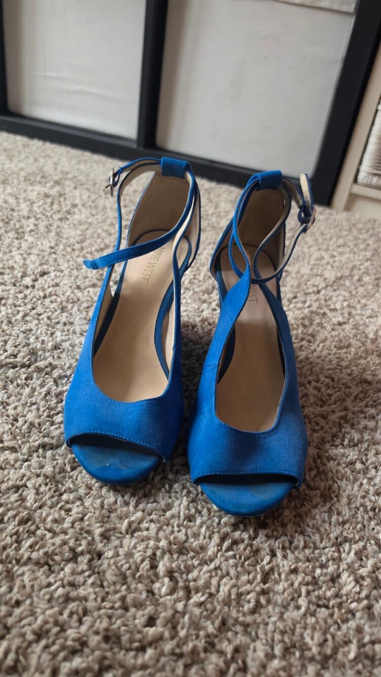 Nine West Cobalt Blue Suede Peep Toe Wedge Heels Ankle Strap Size 8